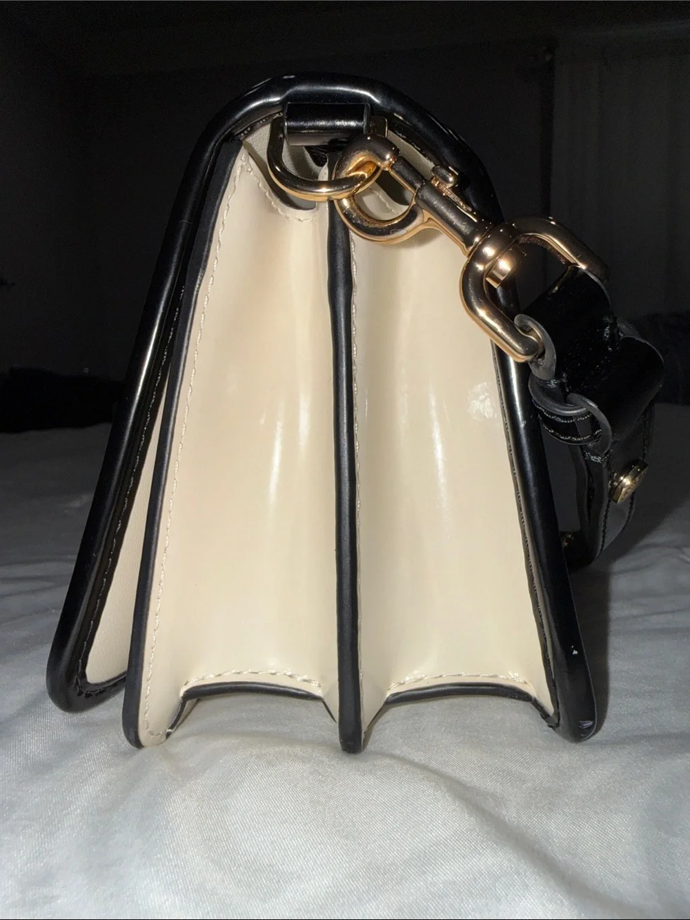 Tory Burch Cream Quilted Shoulder Bag with Black Trim and Gold Hardware